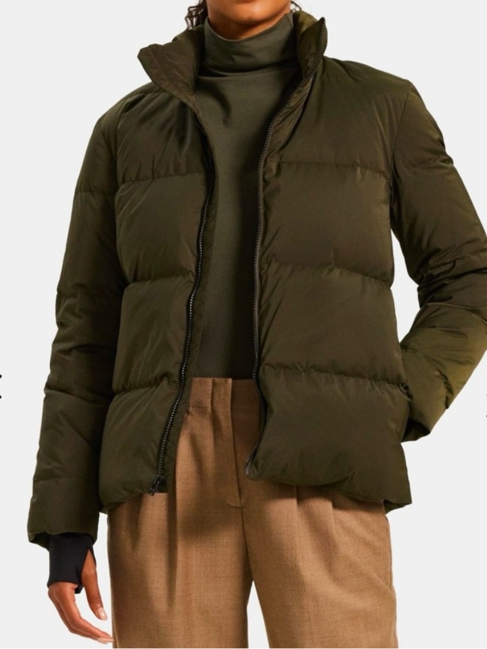 Theory City Poly Stand Collar Puffer Jacket Dark Rosemary Olive Size XS